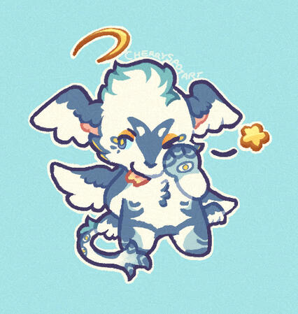 Digital art of a coloured chibi of a blue and white vernid winking at the viewer.