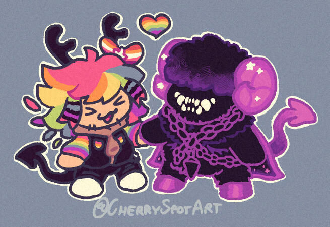 Characters belong to me and WackyWibr Digital art of a coloured chibi of two roblox characters, one a colourful scene design and the other a purple void creature, both holding hands with a rainbow heard above them.