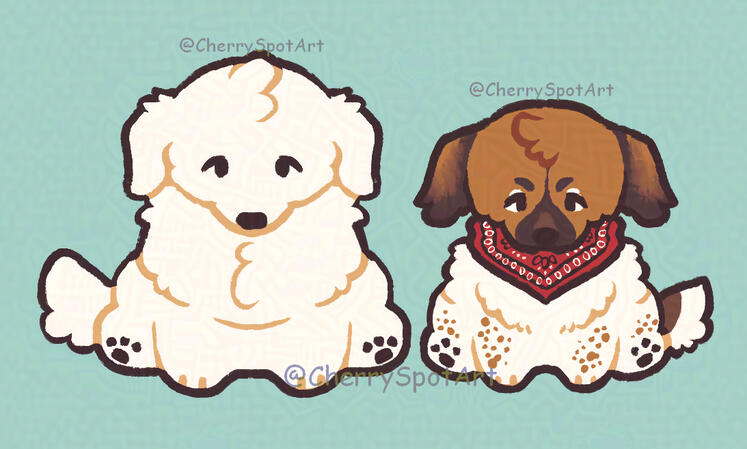 Pet commission for BeesTM Digital art of coloured chibis of two sitting dogs, one a fluffy white one and the other a white and brown one with a bandana.