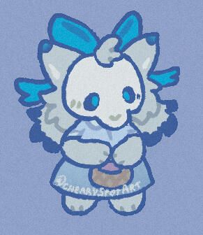 Character belongs to TheSoggyConductor Digital art of a coloured chibi of a skulldog with a little basket wearing a dress.