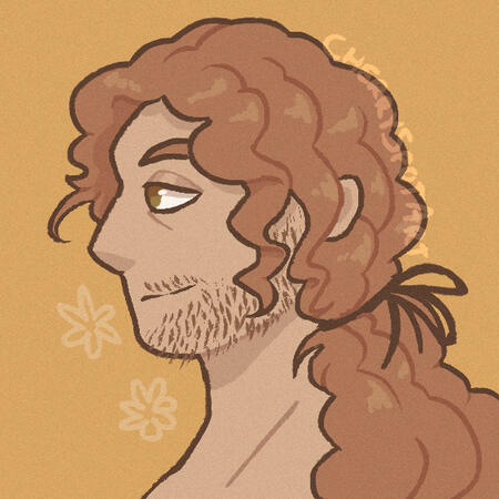 Character belongs to LoyalHorror Digital art of a side portrait of a person with curly ginger hair, stubble, and hazel eyes.
