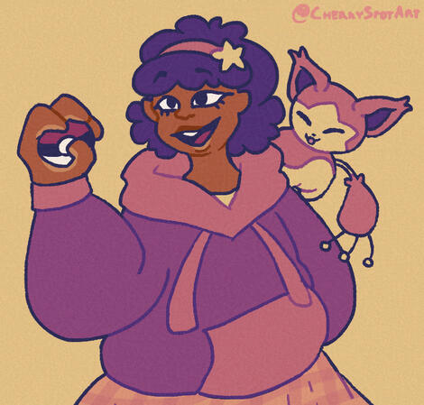 Character belongs to me Digital art of a coloured halfbody with a girl in a puffy hoodie, holding a Pokeball and a Skitty on her shoulder.
