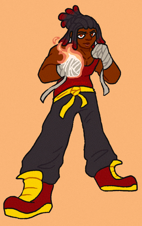Character belongs to CRIMS0NCR0W Digital art of a coloured fullbody of a martial artist man in a ready position, his hand on fire with magic.