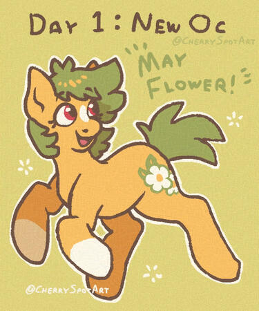Character belongs to me Digital art of a coloured fullbody of a yellow and green pony, the text "Day 1: New Oc May Flower" next to her.