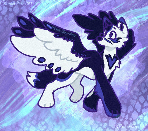 Digital art of a coloured fullbody of a black and white winged wolf against an abstract background.