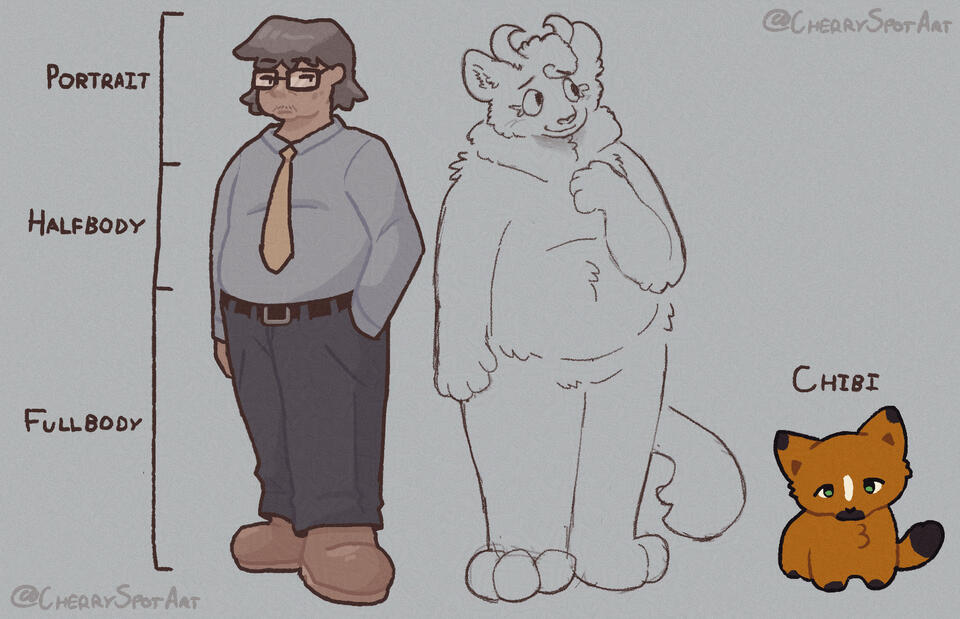 Digital art showing various size examples for commissions. The height chat on the left sections off for Portrait, Halfbody, and Fullbody. The first character example is a shaded human in business attire, the second is a sketched snow leopard anthro, and th